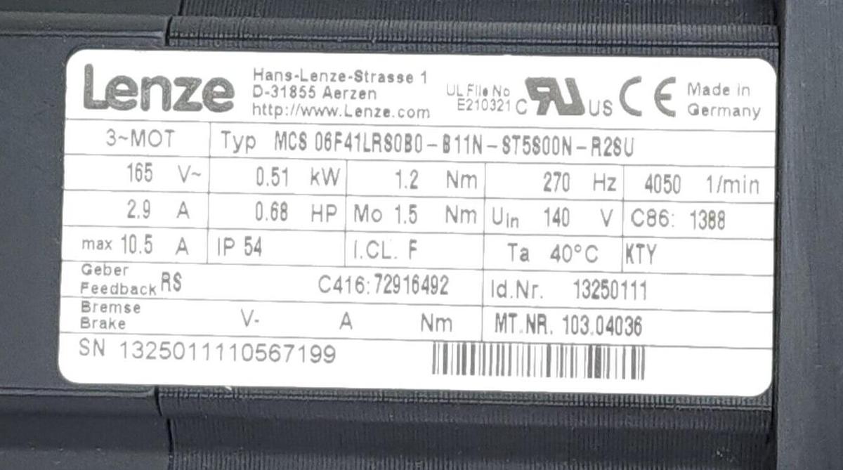 Used NEW LENZE MCS 06F41LRS0B0-B11N-ST5S00N-R2SU SYNCHRONOUS SERVO MOTOR