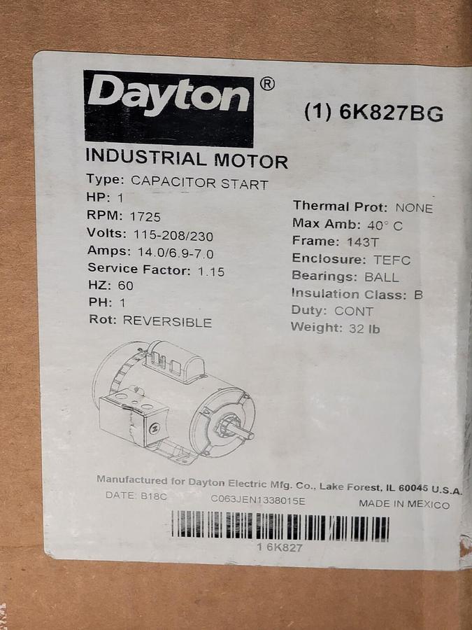 Used NEW DAYTON 6K827BG INDUSTRIAL MOTOR 1HP 60Hz 1PHASE 6K827