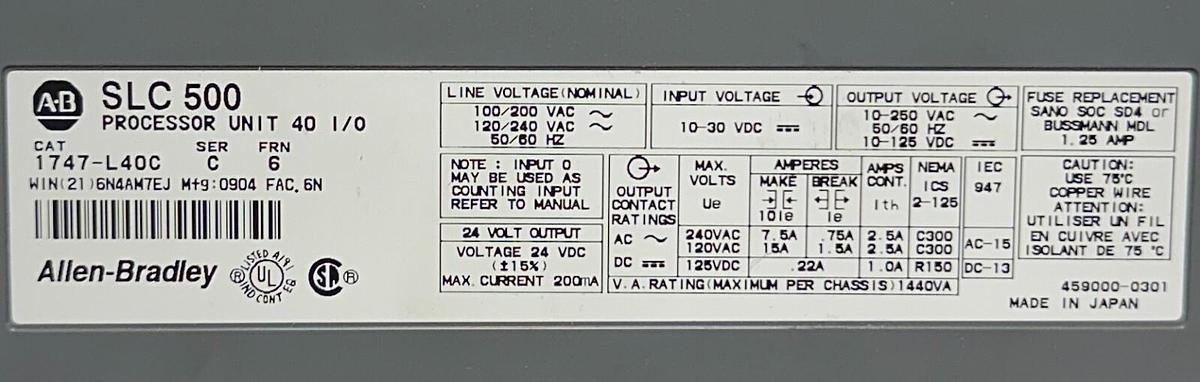 Used For Parts ALLEN BRADLEY 1747-L40C /C SLC 500 PROCESSOR UNIT 40 I/O FRN: 6 L40C