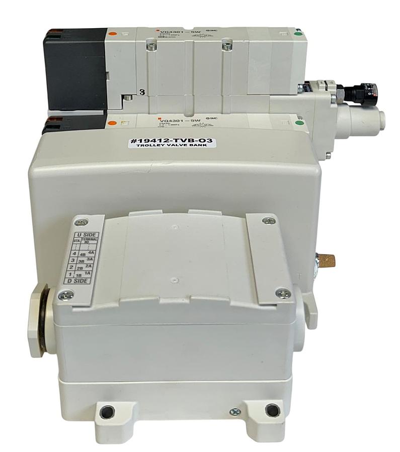Used SMC 19412-TVB-03 / 19412TVB03 PNEUMATIC TROLLEY VALVE BANK VQ4301-5W 3-PORT NSNP