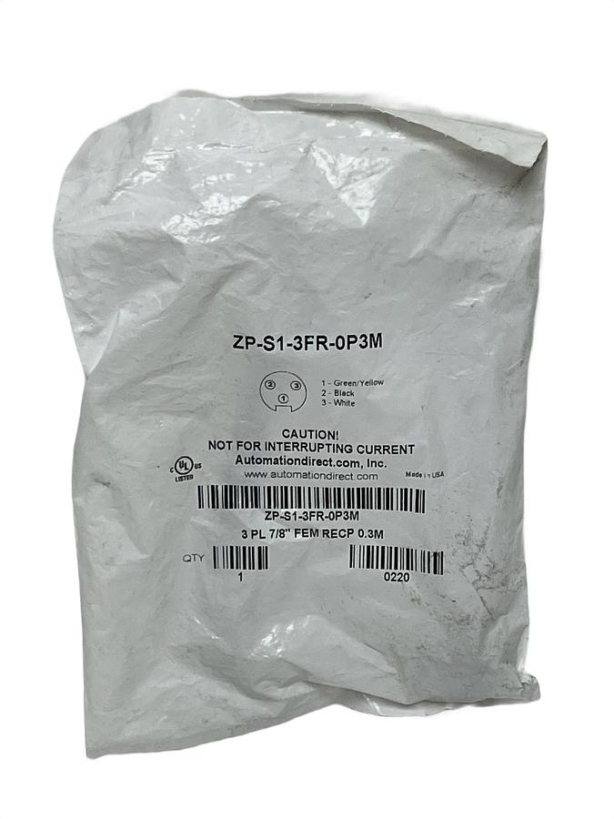 Used AutomationDirect ZP-S1-3FR-0P3M Female Receptacle 3-Pole 7/8" 0.3M Leads NSFS