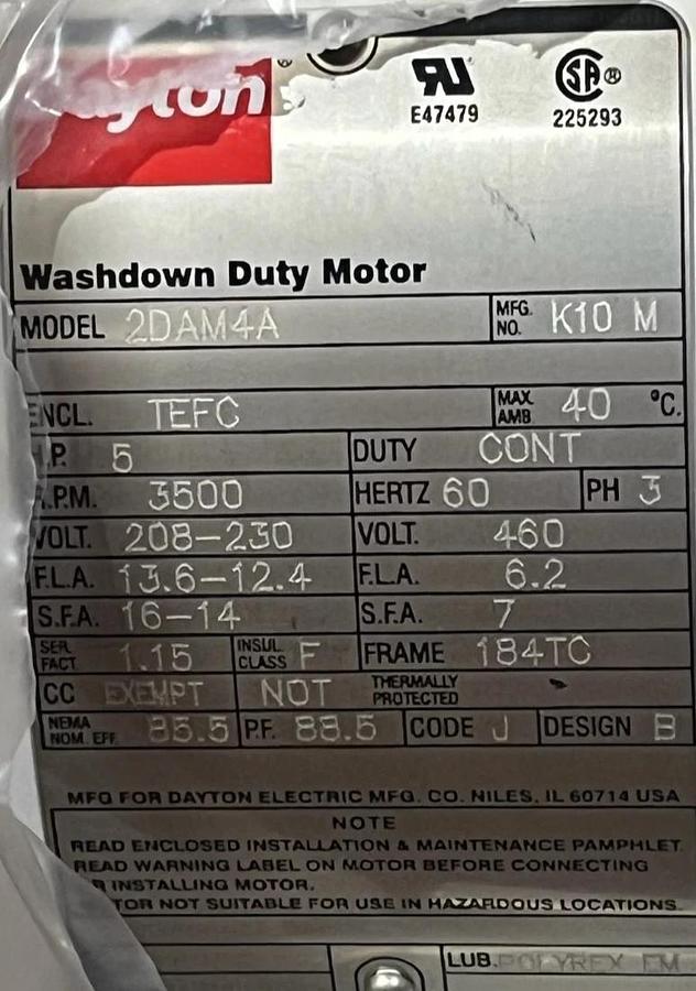 Dayton 2DAM4A Washdown Duty Motor | 1/2 HP, 1725 RPM, 115/230V, 56C Frame, TEFC