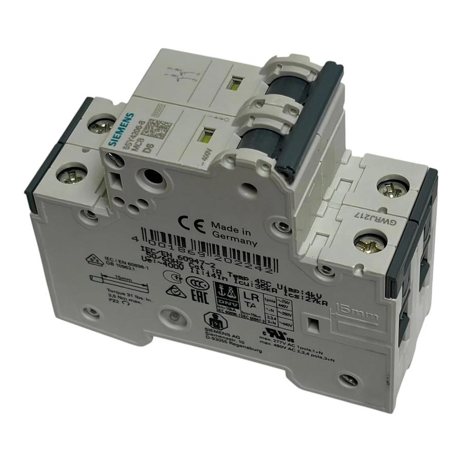 Siemens 5SY4206-8 Miniature Circuit Breaker MCB 2 Pole 6A D Curve New Surplus