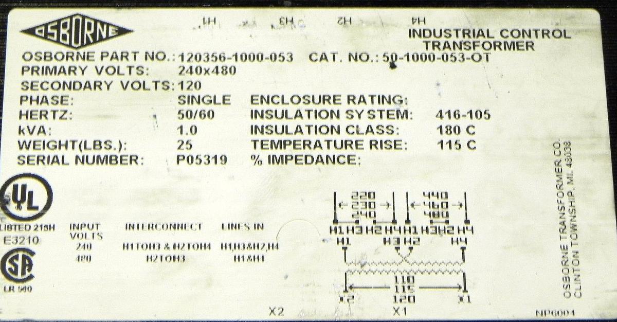 Used NEW OSBORNE 120356-1000-053 TRANSFORMER CAT. NO: 50-1000-053-OT SINGLE PHASE