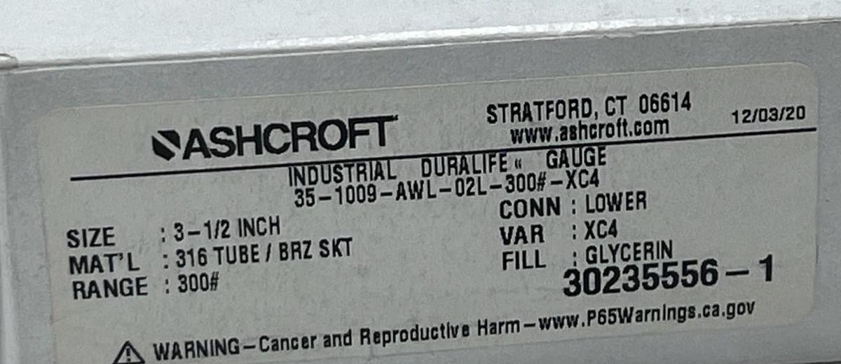 Ashcroft 35-1009-AWL-02L-300#-XC4 Duralife Pressure Gauge 3.5" 0-300 PSI Liquid