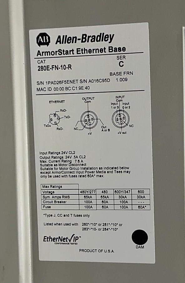 Used ALLEN BRADLEY 284E-FVD4P0Z-10-RRW-DBW /C ArmorStart 280E-FN-10-R /C Enet NSNP