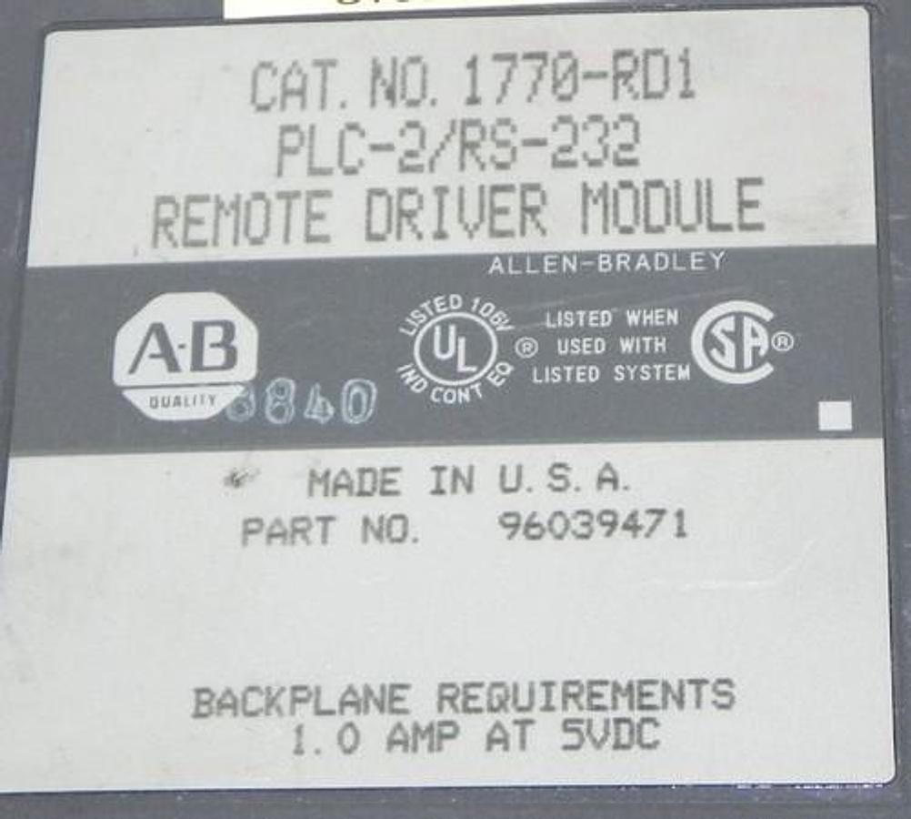 Used ALLEN BRADLEY 1770-RD1 PLC-2/RS-232 REMOTE DRIVER MODULE PART NO. 96039471