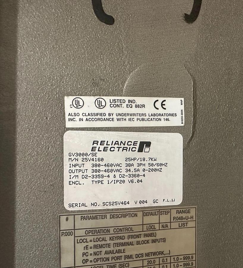 Refurbished REPAIRED RELIANCE ELECTRIC 25V4160 GV3000/SE AC DRIVE 25HP/18.7kW V. 6.04