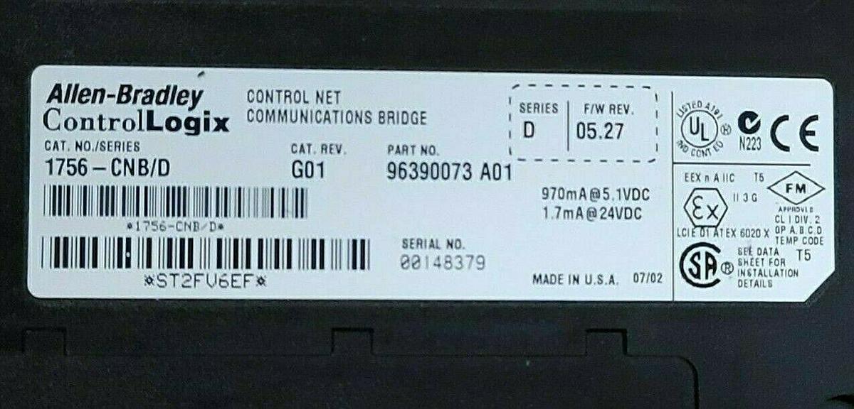 Used (2) ALLEN BRADLEY 1756-CNB/D CONTROL NET COMMUNICATIONS BRIDGES CAT. REV. G01