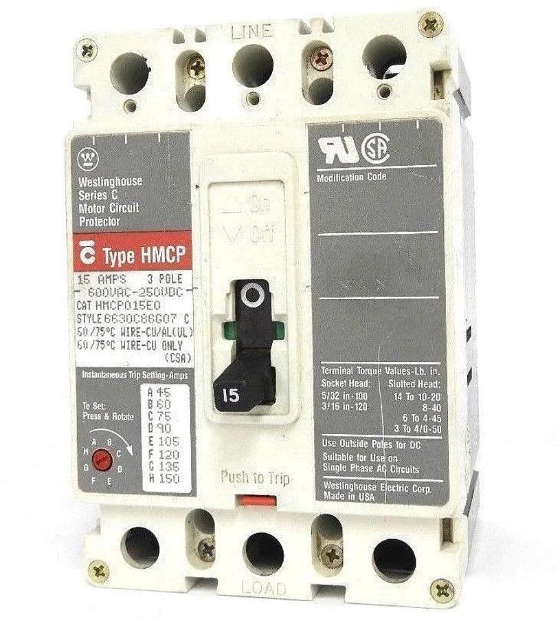 Used WESTINGHOUSE HMCP015E0 CIRCUIT BREAKER STYLE: 6630C86G07, SER. C, 15AMP, 3-POLE