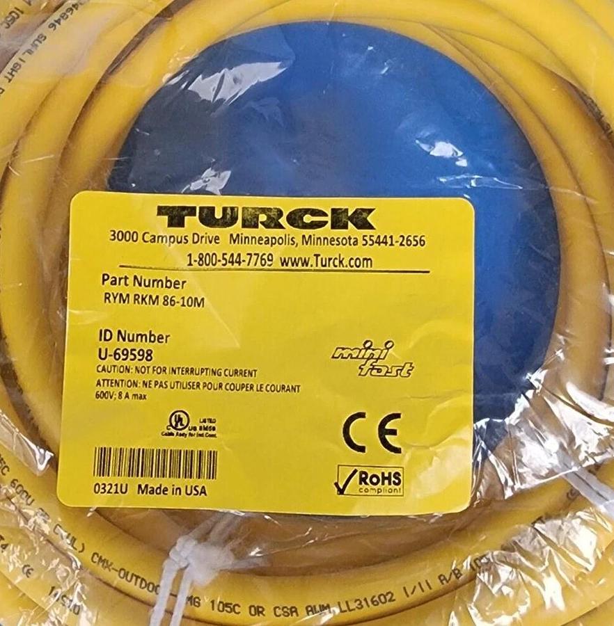 Used NEW TURCK RYM RKM 86-10M CORDSET DOUBLE-ENDED ID NO. U-69598