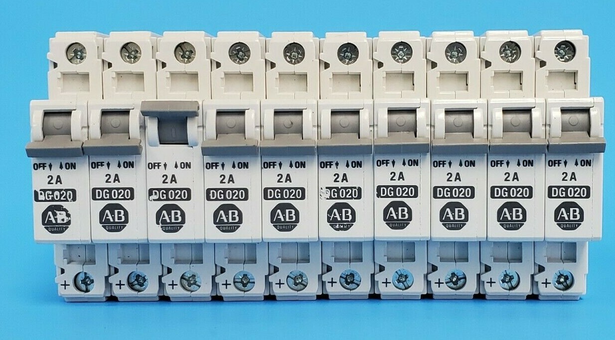 Used LOT OF 10 ALLEN BRADLEY 1492CB1DG020 CIRCUIT BREAKERS, 1492-CB1-DG-020, 2A, 1P
