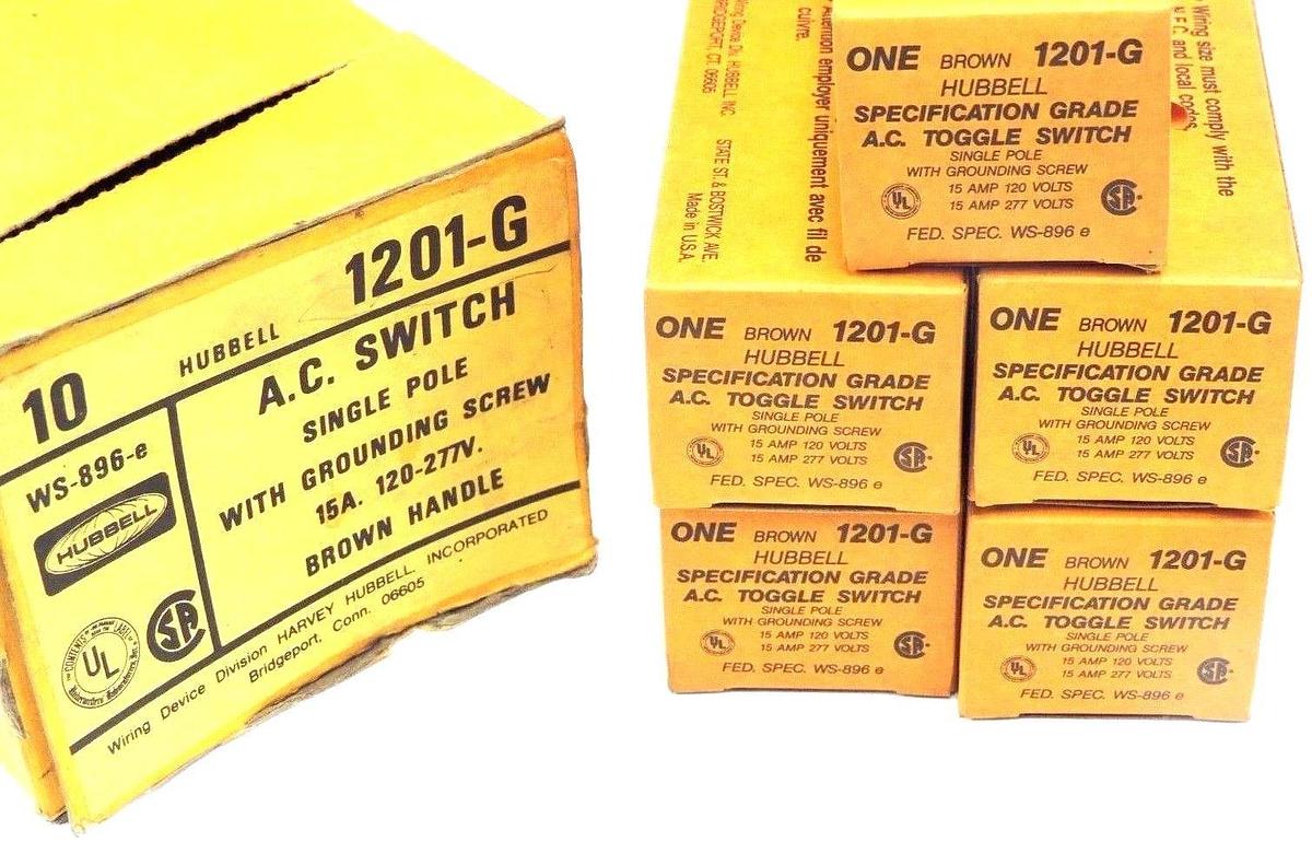LOT OF 5 NIB HUBBELL 1201-G A.C. TOGGLE SWITCHES 15AMP, 120/277V, BROWN, 1201G