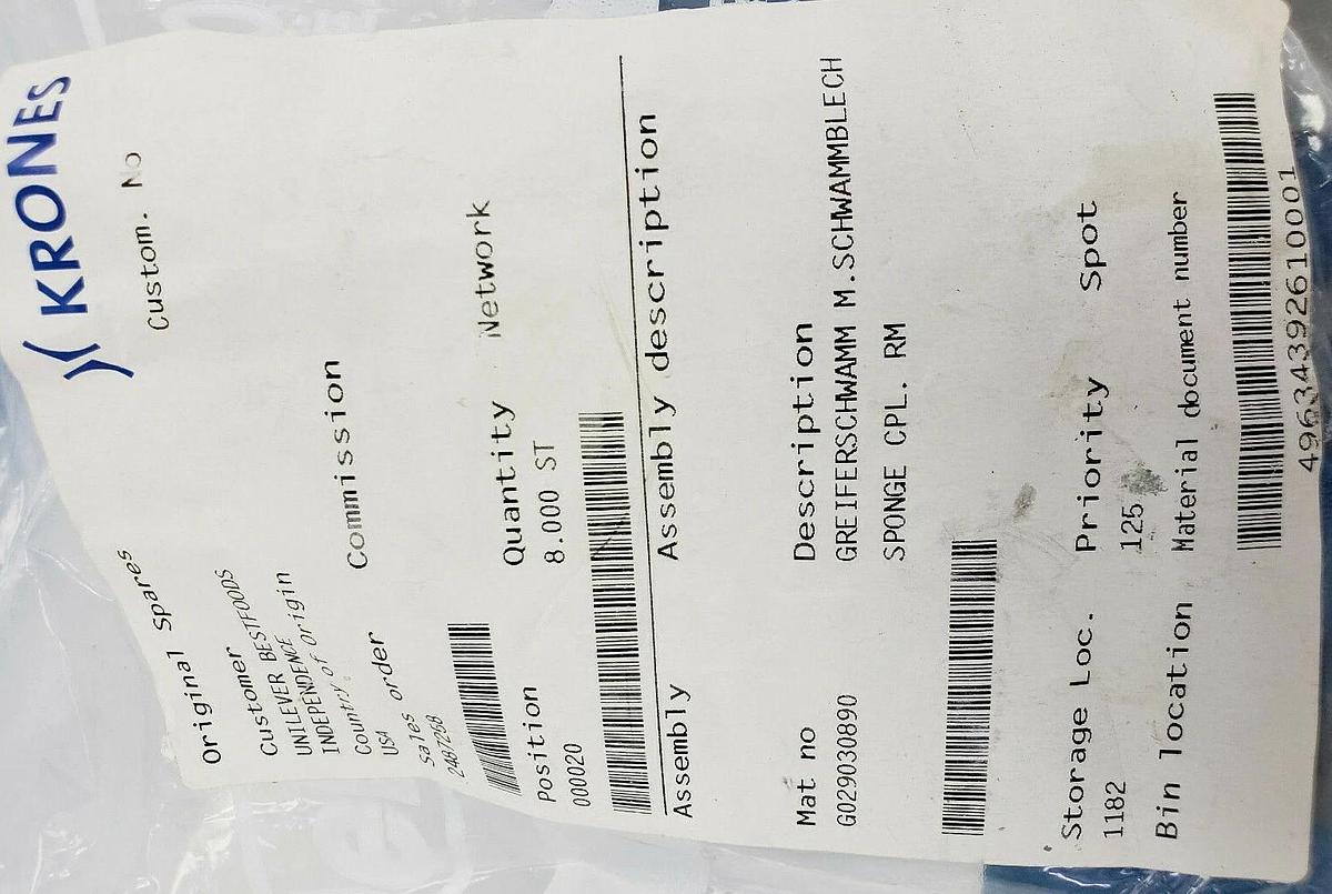 NEW KRONES G029030890 GRIPPER SPONGE PLATE ASSEMBLY CPL. RM 20814373
