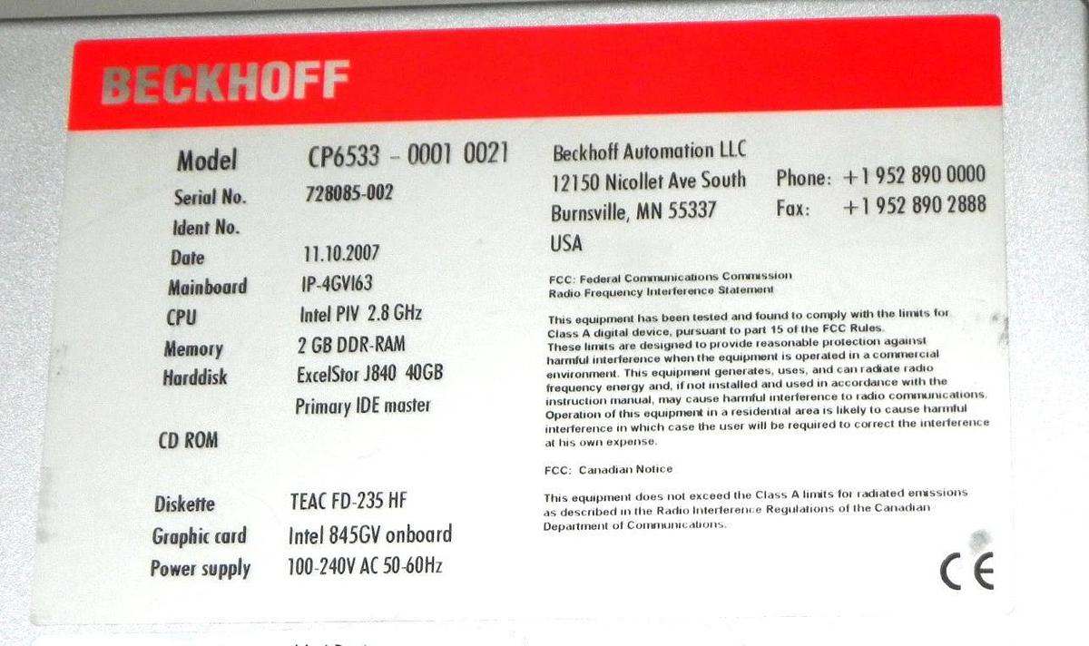 Used BECKHOFF CP6533 19-INCH DISPLAY 1280 X 1024, CP6533-00010021 TOUCH SCREEN