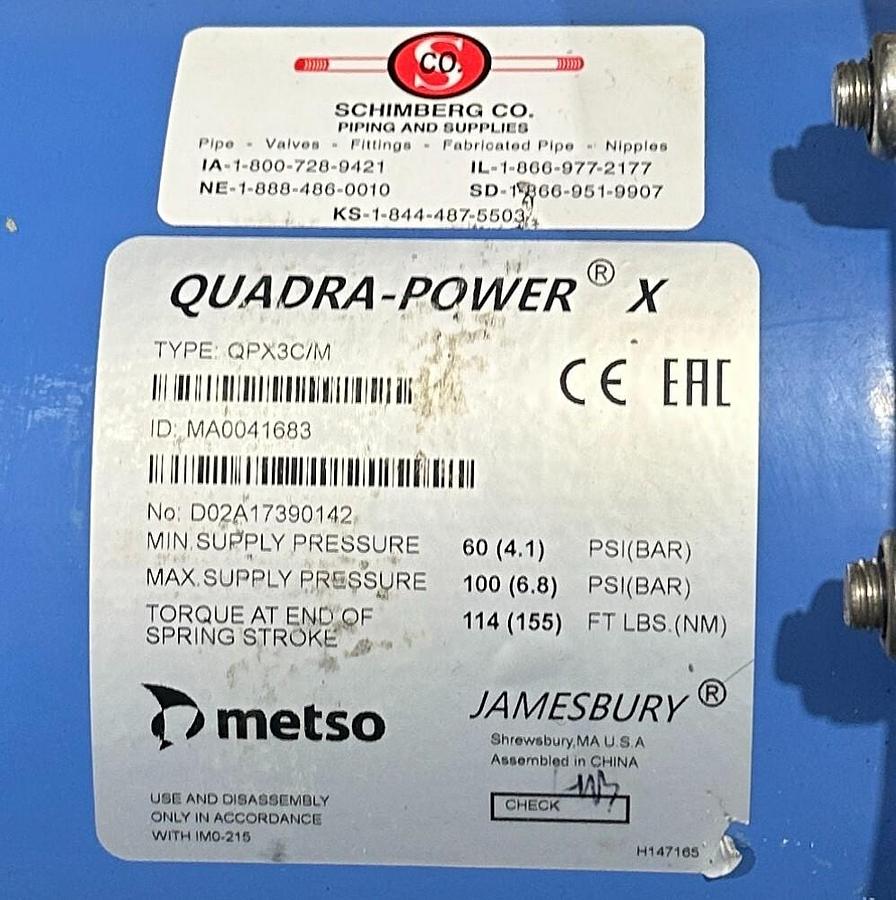 Used METSO JAMESBURY QPX3C/M QUADRA-POWER X ACTUATOR / 815W113600XZ WAFER-SPHERE NSNP