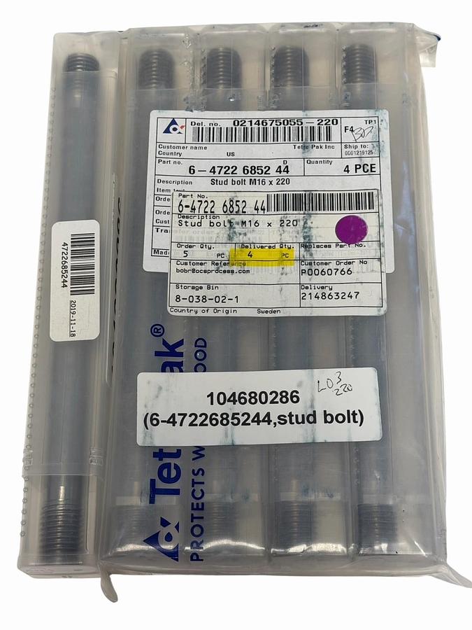 Used LOT OF 5 NEW TETRA PAK 6-4722 6852 44 STUD BOLTS M16 X 220