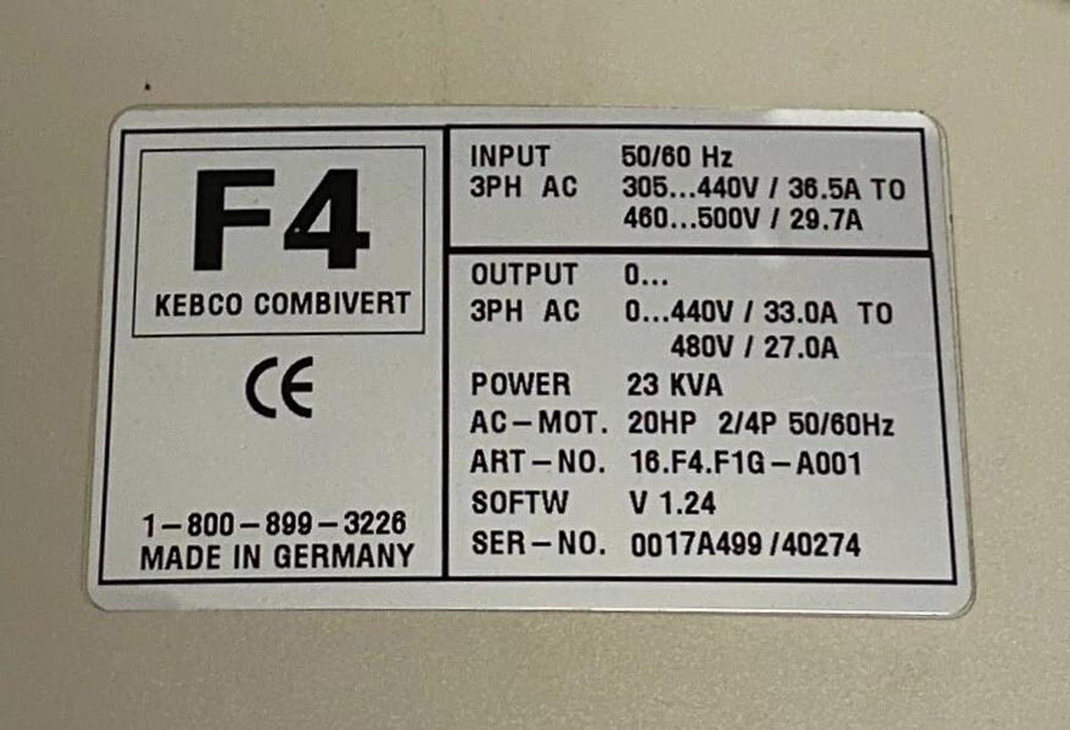 Refurbished KEBCO KEB 16.F4.F1G-A001 - 16F4F4F1G-A001 F4 COMBIVERT INVERTER 20HP 23KVA REMAN