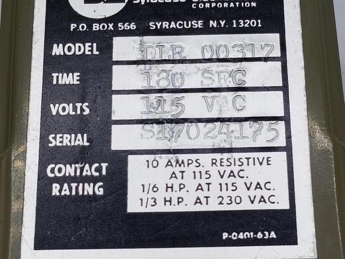 Used SYRACUSE ELECTRONICS DLR-00317 TIME DELAY RELAY 180SEC, 115VAC, DLR00317