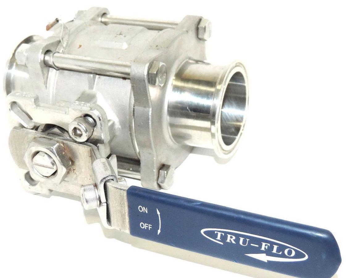 Used TRU-FLO 2" 1000 WOG STAINLESS BALL VALVE WITH MALE/MALE CLAMP FITTINGS