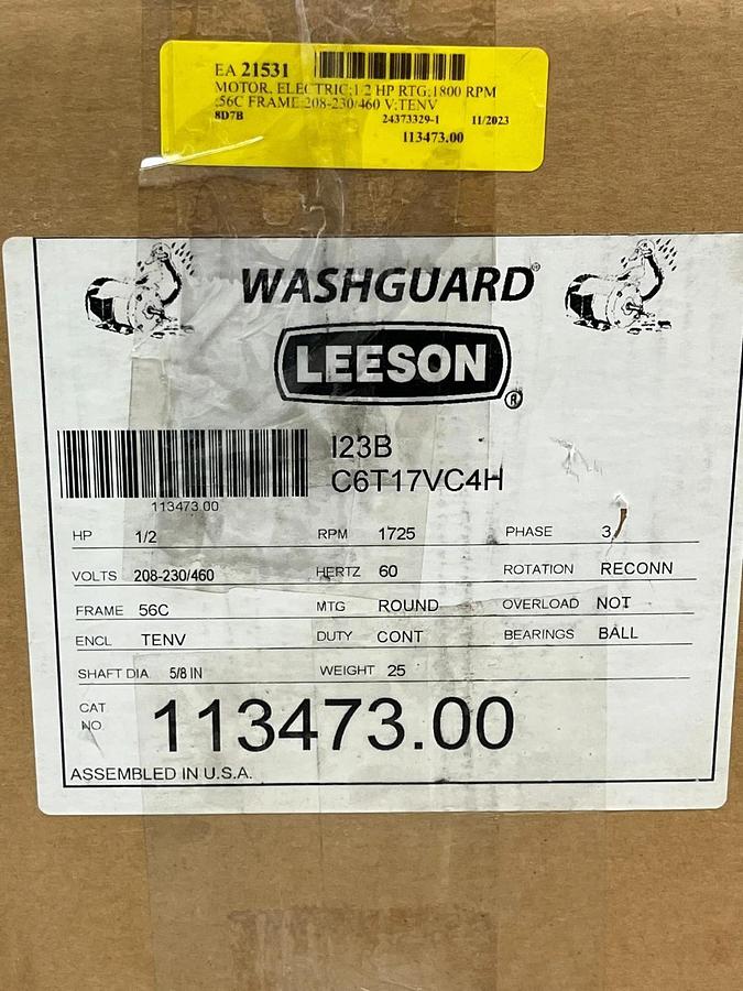 Leeson Washguard 1/2 HP Electric Motor 113473.00 Model C6T17VC4H New Surplus