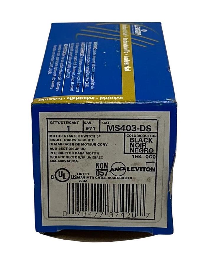 LEVITON MS403-DS / MS403DS INDUSTRIAL MOTOR STARTER SWITCH 3P BLACK 600V NSMP
