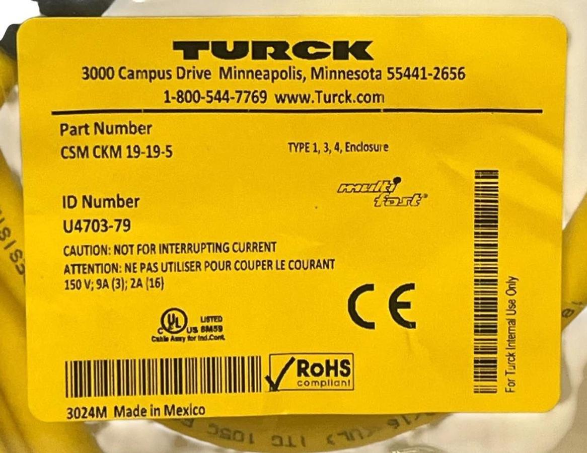 Used Turck CSM CKM 19-19-5 Multifast Cable M23 Male-Female 5m Double-Ended #U4703-79