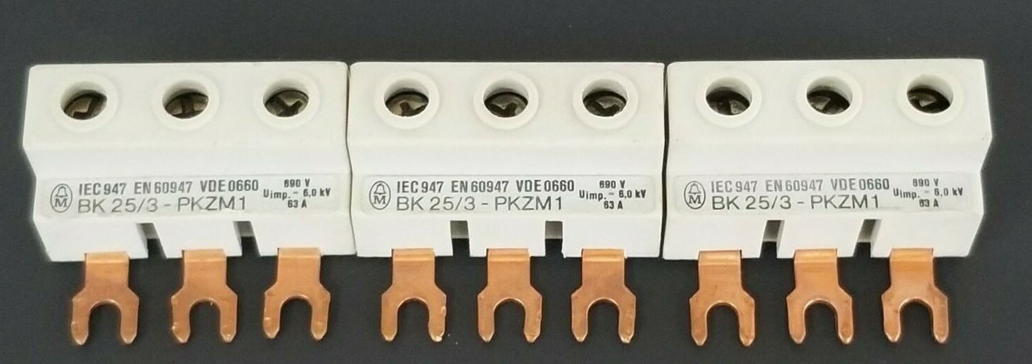 Used LOT OF 3 MOELLER BK25/3-PKZM1 CONNECTOR FEEDER TERMINALS 63AMP, 3P, 690VAC, 6KV