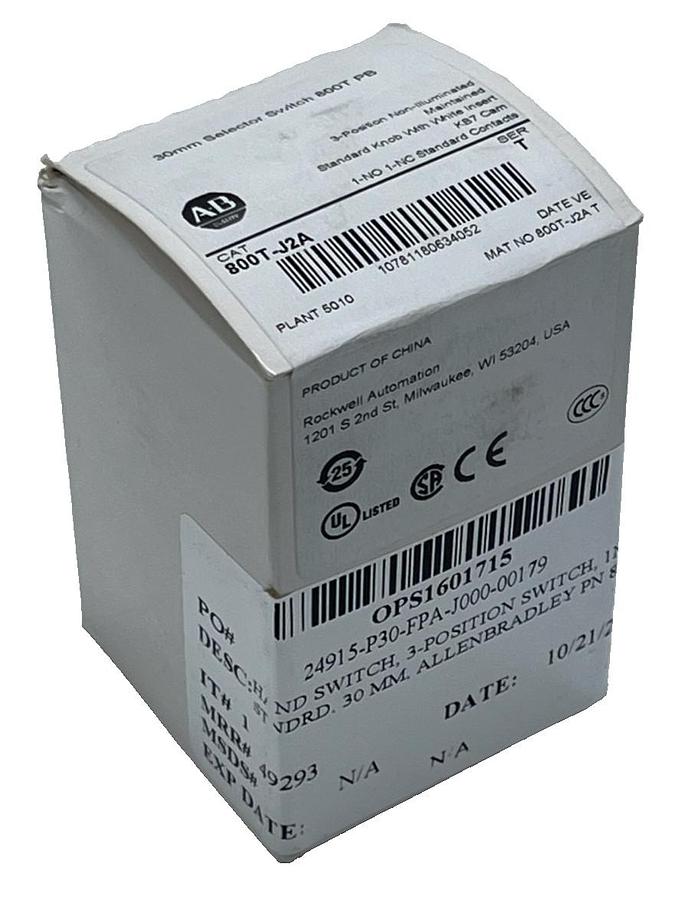 Used Allen Bradley 800T-J2A Selector Switch - 30mm, 3-Position, Maintained, Series T