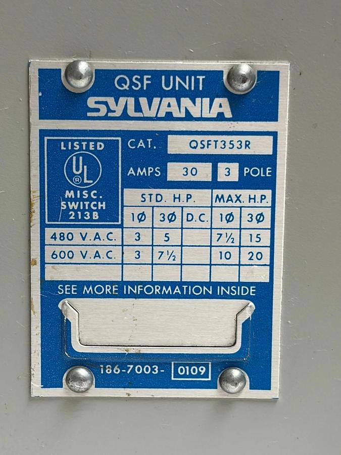Used Sylvania QSFT353R QSF Unit Busway Plug Disconnect Switch 30A 480V 600V 3P Dual