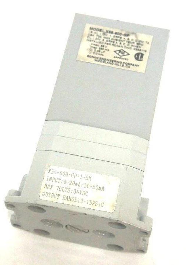 Used RONAN ENGINEERING X55-600-GP-1-SM TRANSDUCER X55-600-GP, 36VDC, 3-15PSIG