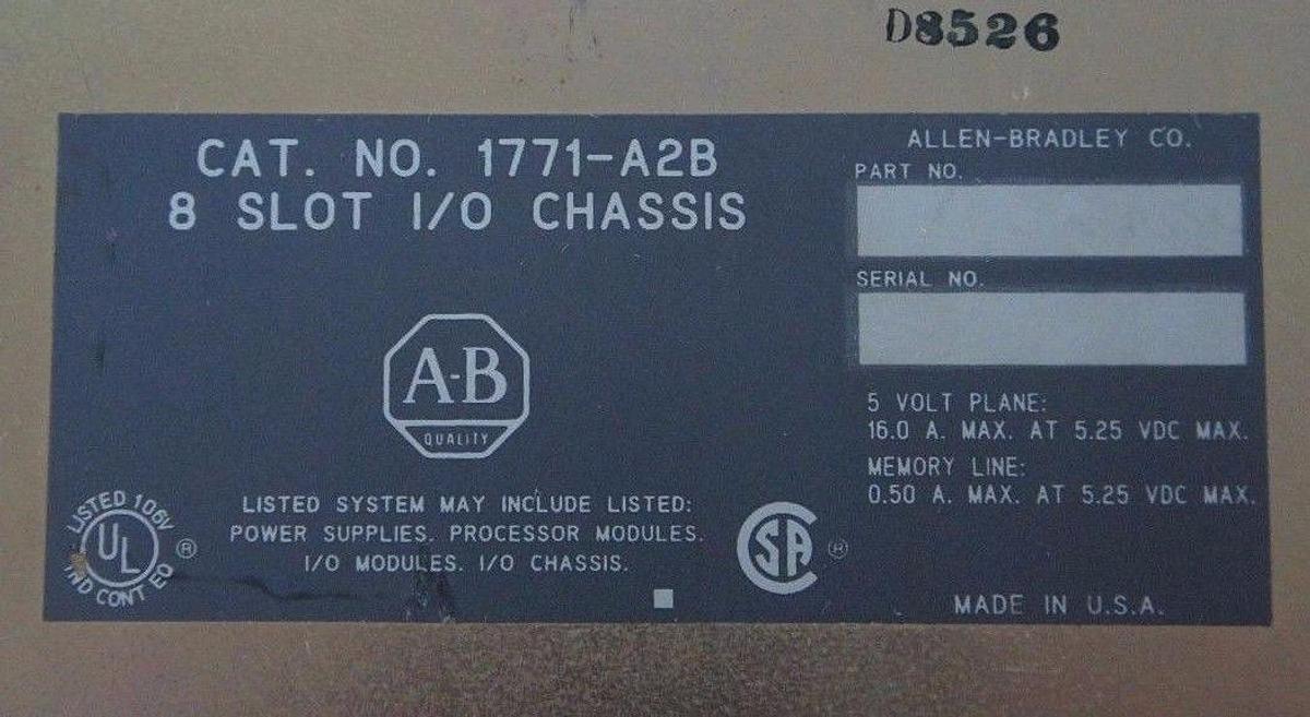 Used ALLEN BRADLEY 1771-A2B I/O CHASSIS 8 SLOT 960188-01FT10