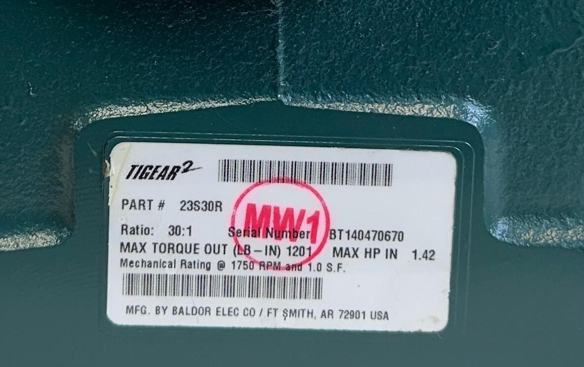 Used DODGE 23S30R TIGEAR-2 RIGHT-ANGLE WORM GEAR REDUCER 30:1 RATIO 1.42HP MAX NSMP