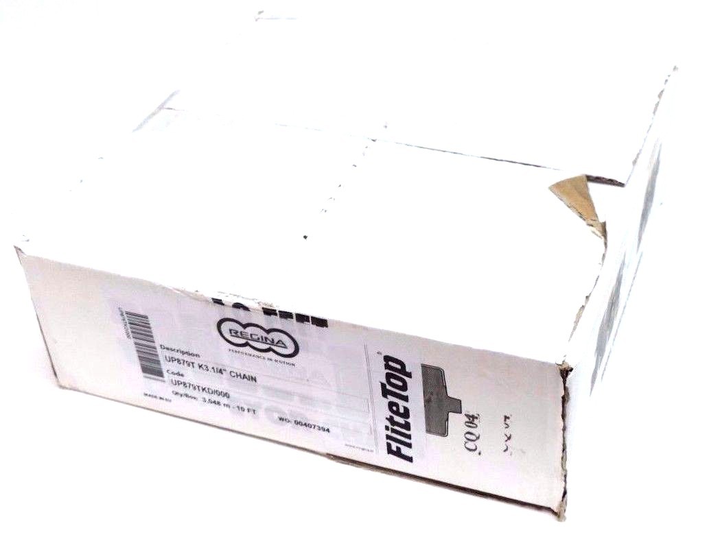 Used NIB REGINA UP879TK3.1/4 TABBED FLAT CHAIN 10FT LENGTH 3-1/2" WIDTH 1-1/4" PITCH