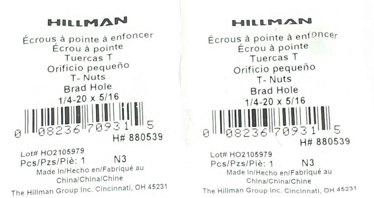 Used LOT OF 2 NEW HILLMAN T-NUTS BRAD HOLE 1/4-20 X 5/16, H# 880539