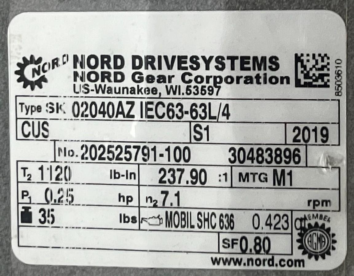 Used NORD SK63L/4 CUS Inverter Duty Motor w/ SK02040AZ-IEC63 Gearbox 0.25HP 3-Phase