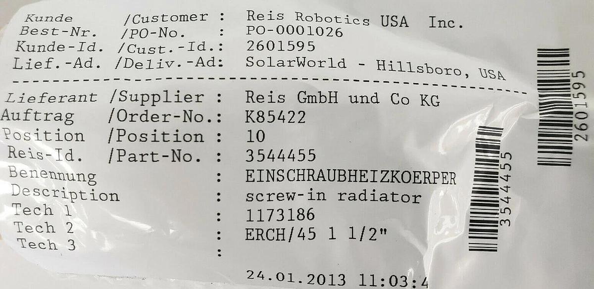 NEW SHNIEWINDT REIS ERCH/45 SCREW-IN RADIATOR HEATER 480V, 5000W, IP65, 3544455