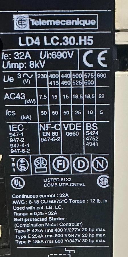 Used TELEMECANIQUE LD4-LC.30.H51 / LD4LC30H51 integral 32 CONTACTOR W/ LA1-LC052F