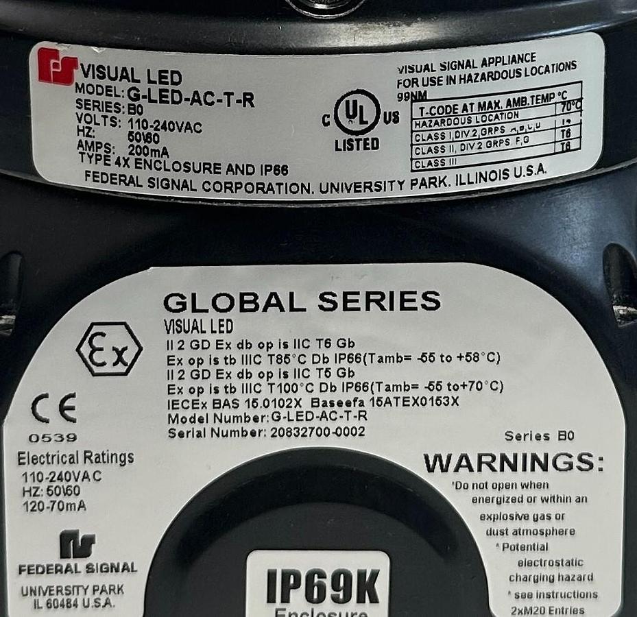 Used FEDERAL SIGNAL G-LED-AC-T-R / GLEDACTR GLOBAL SERIES LED LIGHT RED 110-240V USNP