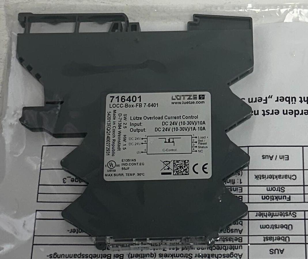 Used LUTZE / LUETZE LOCC-Box-FB 7-6401 / 716401 OVERLOAD CURRENT CONTROL 24VDC NSMP