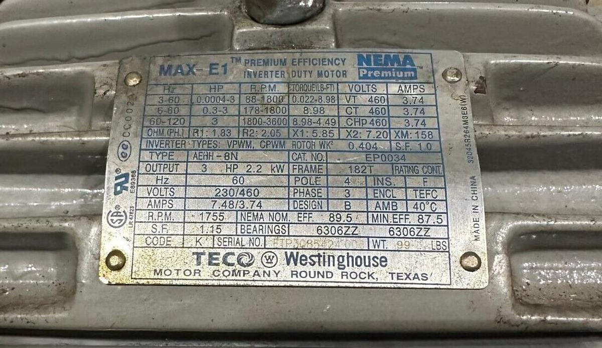 Used TECO WESTINGHOUSE EP0034 MAX-E1 NEMA PREMIUM MOTOR 2.2kW/3HP 60Hz AEHH-8N
