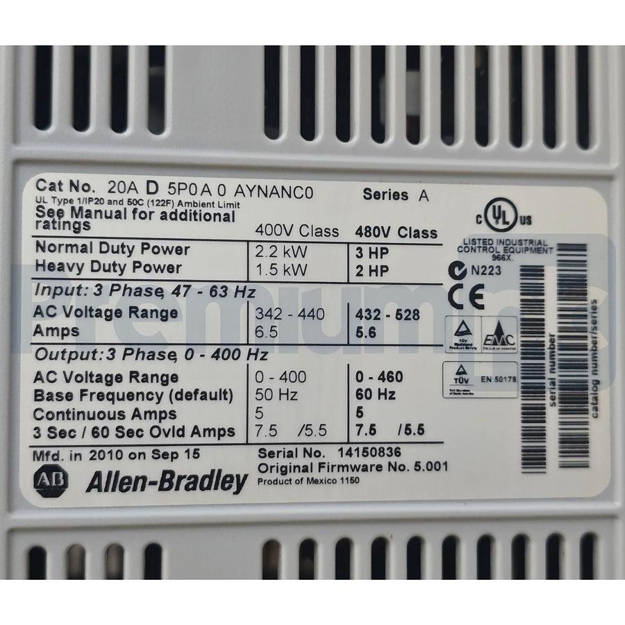 Used Allen-Bradley 20AD5P0A0AYNANC0 /A PowerFlex 70 VFD 3HP 5A 480V 3PH AC Drive USPI