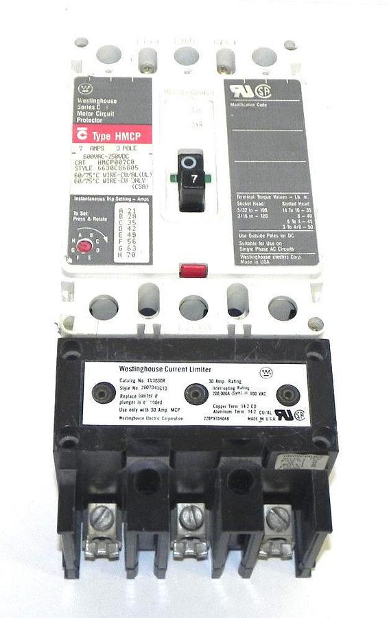 Used WESTINGHOUSE HMCP007C0 CIRCUIT BREAKER 7AMP W/ EL3030R CURRENT LIMITER 30AMP 3P