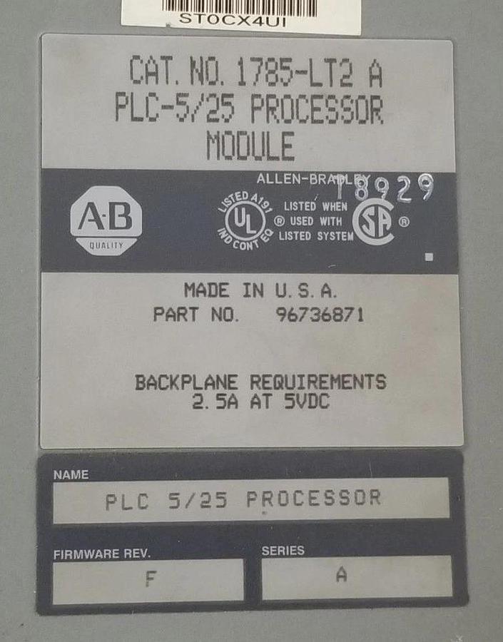Used ALLEN BRADLEY 1785-LT2 A PROCESSOR MODULE F/W: REV. F, SER. A, 1785LT2