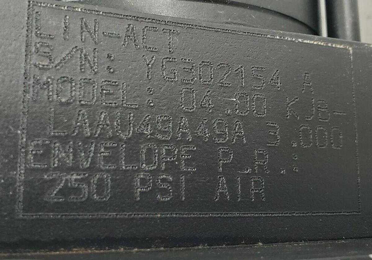 Used LIN-ACT 04.00 KJBLAAU49A49A 3.000 SERIES LAA PNEUMATIC CYLINDER, 4" X 3", 250PSI