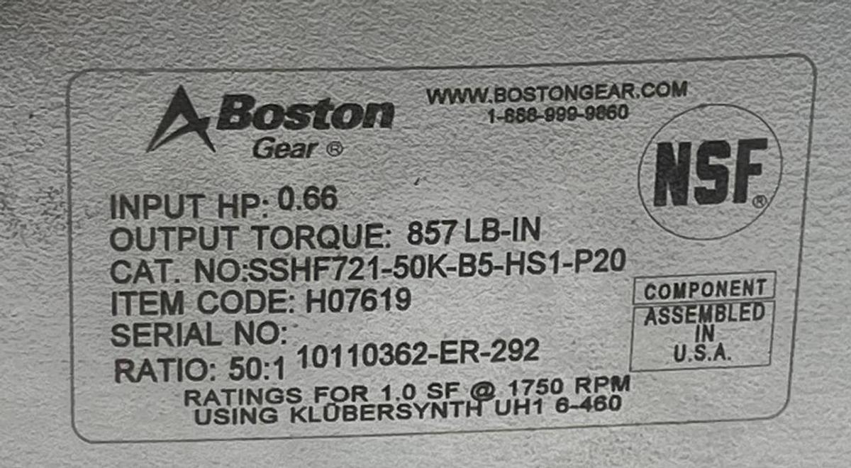 Used BOSTON GEAR SSHF721-50K-B5-HS1-P20 Stainless Steel Worm Gear Reducer 50:1 Ratio