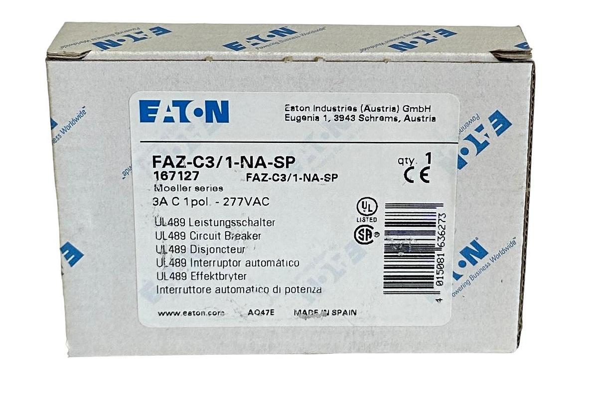 Used NEW EATON FAZ-C3/1-NA-SP / 167127 MOELLER SERIES 3A CIRCUIT BREAKER 1P 277VAC