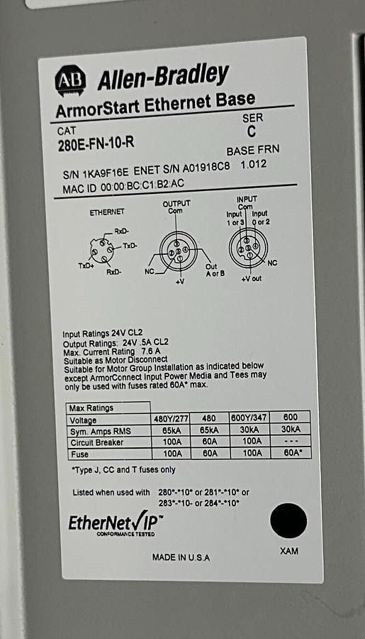 Used ALLEN BRADLEY 281E-F12Z-10A-RRW /C ArmorStart CONTROL 280E-FN-10-R /C Enet NSNP