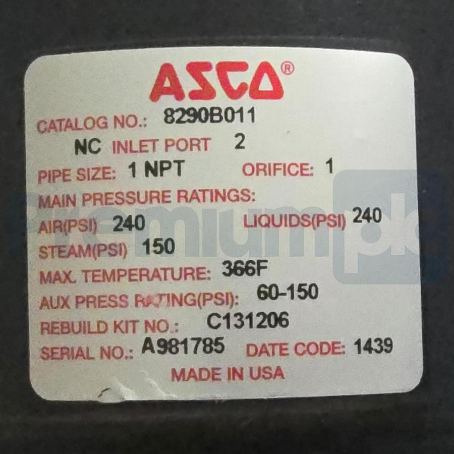 ASCO 8290B011 Angle Body Aux. Piloted Piston Valve 1" NPT Bronze 2/2 NC NSNP