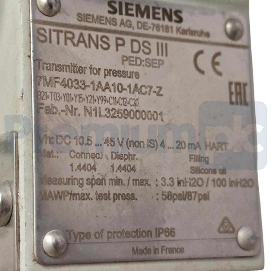 Used Siemens 7MF4033-1AA10-1AC7-Z SITRANS P DS III Pressure Transmitter + 7MF9011-4FA